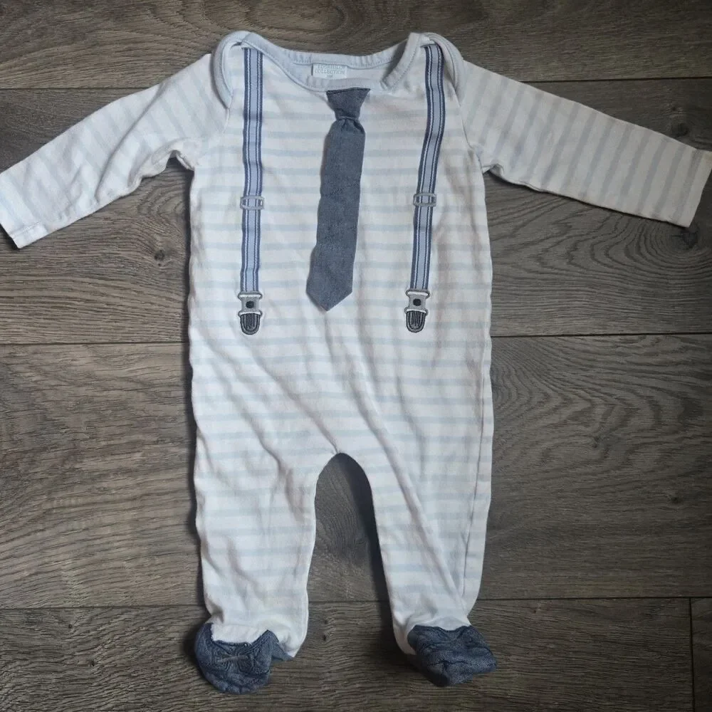 Edgehill Collection Baby Boy 3M Footie Sleeper Faux Tie Suspenders Striped Blue